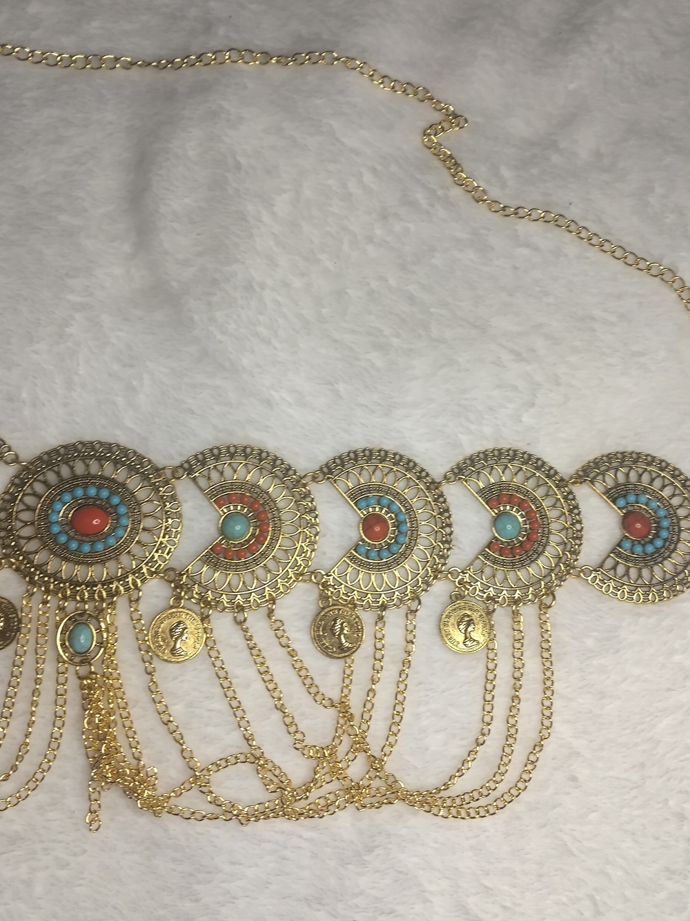 Gold Medallion Waist Chain Belt with Turquoise and Coral Accents - - Picture 4 of 5